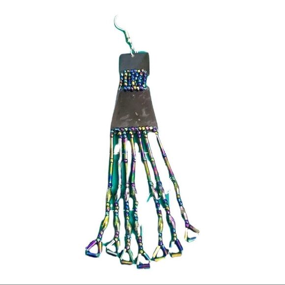 Vintage artisan faux tortoise and glass peacock bead shoulder duster earrings - Picture 6 of 6